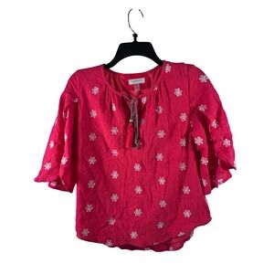 Cupio Blouse Medium Pink Floral Embroidered Tassel Tie Boho Top Womens